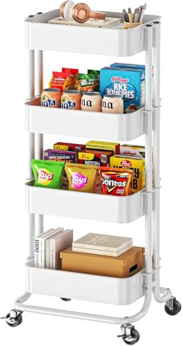 Pipishell 4 Tier Metal Rolling Utility Cart with 2 Lockable Wheels, White - color: White, size: 4 Tier