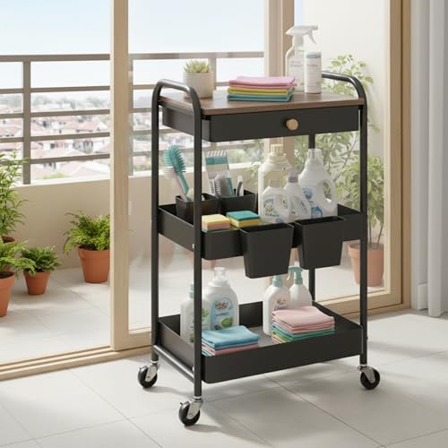danpinera Rolling Cart with Drawers, Black Storage Cartwith Locked Wheels, Hooks & Hanging Cups for Any Room - color: Black