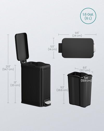 SONGMICS Bathroom Trash Can, 1.6 Gallon Stainless Steel Trash Bin with Lid - color: Black, style: 1.6 Gal. & fluted design