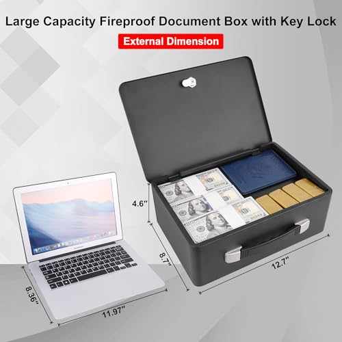 Fireproof Document Box with Key Lock, Portable Metal Safe Box with Carrying Handle to Secure Money, Jewelry, Document, Passport, Size 12.7 x 8.7 x 4.6 Inch