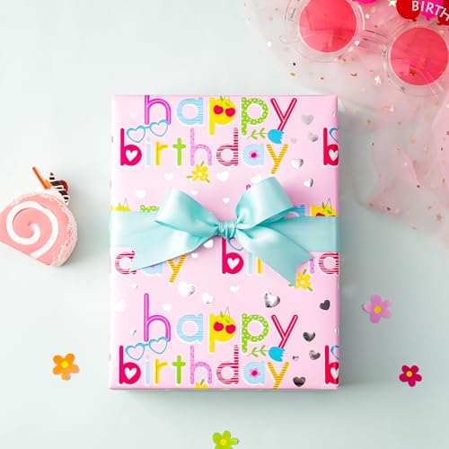 WRAPAHOLIC Girls Birthday Wrapping Paper Roll - 3 Short Rolls - 17 inch x 120 inch Per roll - Fantacy Pink and Purple Wrapping Paper for Kids Girls Birthday, Baby Shower - color: Colorful Birthday
