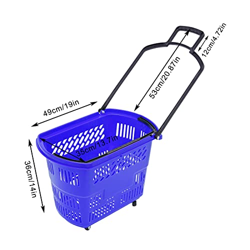 6 Pcs Shopping Basket with Wheels 35 L Plastic Shopping Cart with Handles Portable Retail Baskets Stackable Grocery Basket Set in Supermarket, Laundry, Grocery, Luggage, Bookshop (Blue)