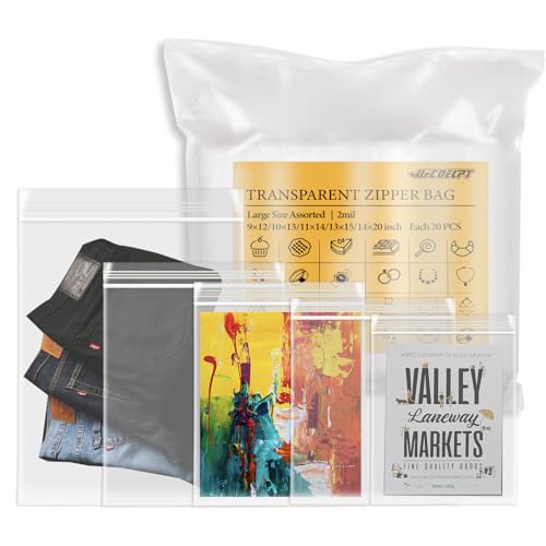 Reclosable Zip Bags, 5 Gallon Sizes, 100 Count, 2 Mil - size: 9X12/10X13/11X14/13X15/14X20inch/each 20pcs