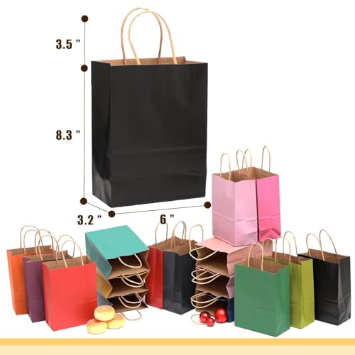 qiqee 100Pcs Small Size Paper Gift Bags with Handles - 8.3"x6"x3.15" Kraft Small Party Bags - 16 Solid Colors - size: 100 Count (Small Size)