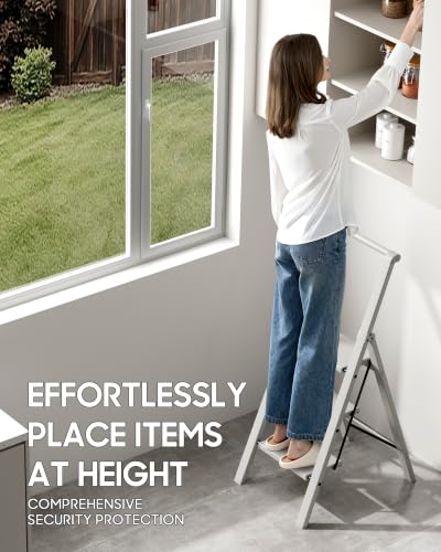 HillhutApex Aluminum 3 Step Ladder, Step Stool Foldable Ladder(Pale Grey) - color: Pale Grey, size: 3 Step With Handrail