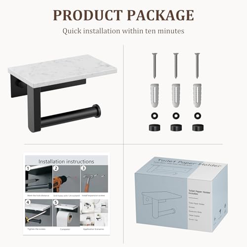 BWE Matte Black Toilet Paper Holder with Marble Shelf Wall Mounted - color: Black