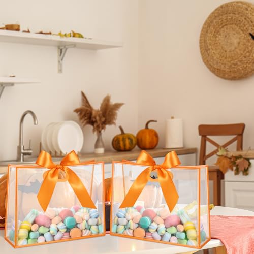 Aliceset 12 Pcs Large Orange Clear Plastic Gift Bags with Die Cut Handles - color: Orange