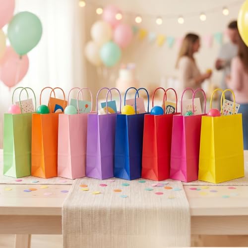 100 Pieces Small Kraft Paper Gift Bags with Handles, 5.1x3.25x8.27 Inch Paper Party Favor Bags Bulk, Colorful Goodie Bags for Wedding, Baby Shower, Birthday, Celebrations, Party Supplies (9 Colors)