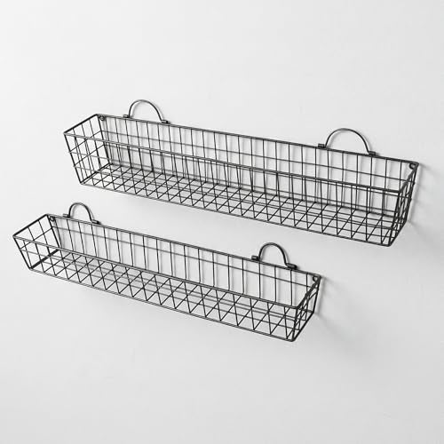 MyGift 2pcs 30-Inch Wire Baskets for Storage and Organization, Rustic Black Wall Mounted Metal Display Racks