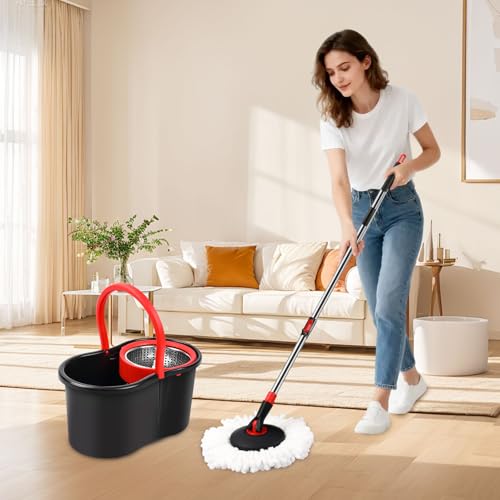 Spin Mop and Bucket, Mop and Bucket with Wringer Set for Home, 360 Spinning Mop Bucket Floor Cleaning Tool with 1 Microfiber Mop Replacement Head,50" Stainless Steel Handle (Black-Includes 1 mop) - color: Black-includes 1 Mop