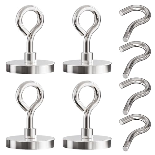 Neodymium Eyebolt & Magnet Hook Set, 200lbs Pulling Force Strong Fishing Magnets 1.65 Inch with Countersunk Hole Eyebolt for Fishing, Workplace, Home (Silver, Pack 4) - size: 4 Pack