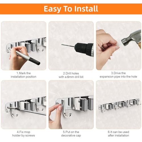 2 Pack Mop and Broom Holder Wall Mount for Kitchen Garage Laundry Room - color: Silver, size: 2 Pack 4 Racks with 5 Hooks