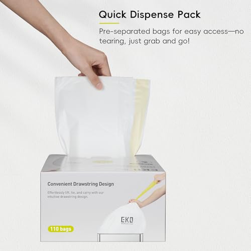 EKO 12.5 Gallon / 40-60 Liter, 110 Count Drawstring Trash Bags, Extra-Strong Garbage Bags, Unscented, Leak-Resistant, Easy-Dispense Roll for Kitchen & Household Use, Code Z, White - size: 110 Count (Pack of 1), style: 12.5 Gallon Bags/Code Z