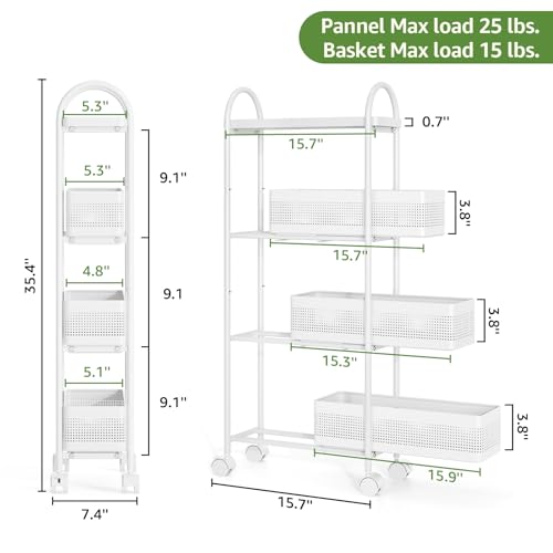 KINGRACK 4 Tier Slim Rolling Cart with Drawer, Metal Utility Storage Cart - color: White, size: 4 Tier-3BKT