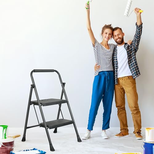 Arbusb 2 Step Ladder, Folding Steel Ladder with Handrail & Wide Pedals - color: Black, size: 2-Step