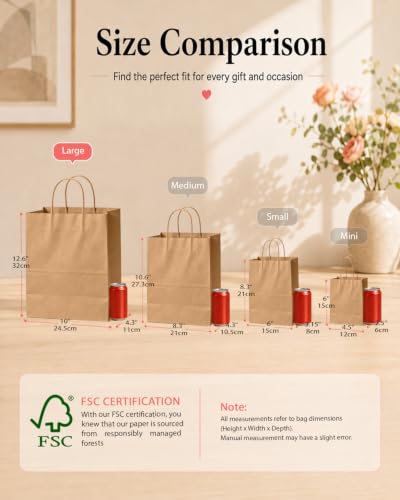 Bakepacker 100-Pack Large Size Gift Paper Bags with Handles Bulk 13"x10.3"x4.6" Brown Party Kraft Shopping Bags - color: Brown, size: 13"x10.3"x4.6"(Pack Of 100)