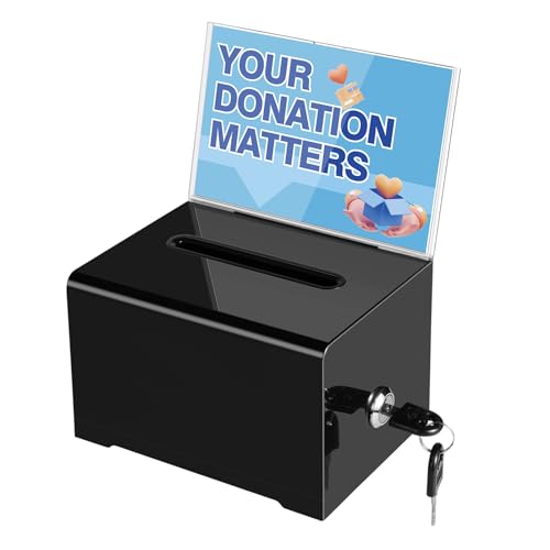 Polmart black Donation Box with Lock - Secure Ballot Box with Removable Sign Holder & 2 Keys - for Money, Cards, Votes, Tickets, Feedback Collection (4.75"D x 6.29"W x 8"H) - color: Black with Sign Holder