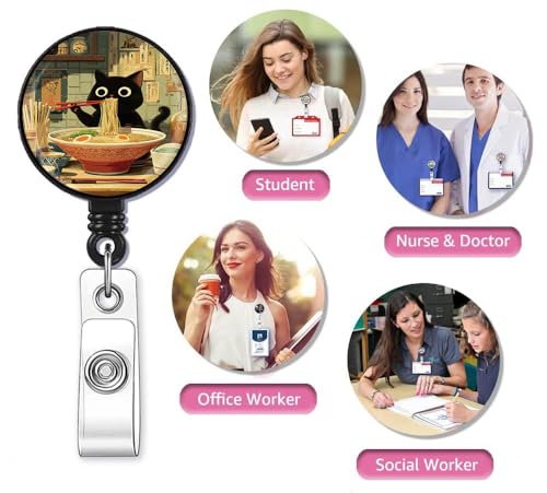 The cat Eating Noodles Badge Reel,Retractable Name Card Badge Holder with Alligator Clip, Medical MD RN Nurse Badge ID,Office Employee Name Badge, Badge Holder, Black