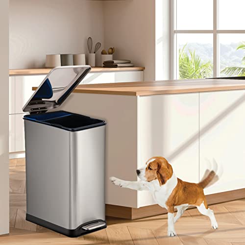 Home Zone Living 13 Gallon Kitchen Trash Can with Dual Compartments - color: Brushed Silver