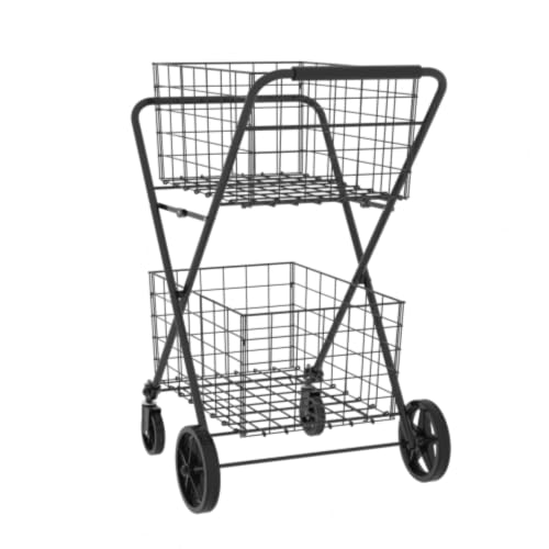 Extra Jumbo Foldable Shopping Cart with 2 Removable Baskets and Waterproof Liner, Heavy Duty Utility Grocery cart on Wheels, Rolling 2-Tier Laundry cart with 360° Swivel Front Wheels (2-Tire) (Black) - color: Black