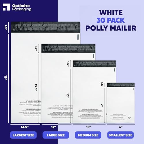 6 x 9 Heavy-Duty Poly Mailers – 30-Pack, 3 Mil Thick Shipping Bags – Waterproof, Tear-Resistant, Recyclable Envelopes for Small Business & Clothing (White, 6" x 9") - size: 6" x 9"