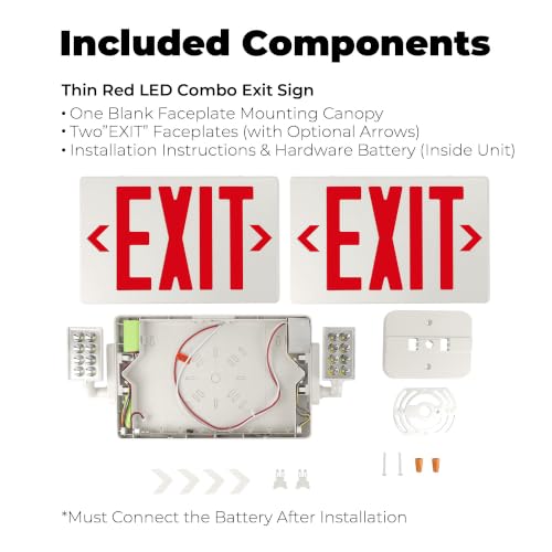 LFI Lights® Thin COMBO UL 924 Listed, Red LED, Exit Sign with Emergency Lights, White, 120-277VAC Hardwired with Battery Backup, Optional Double Face and Knock Out Arrows COMBOTRWBB