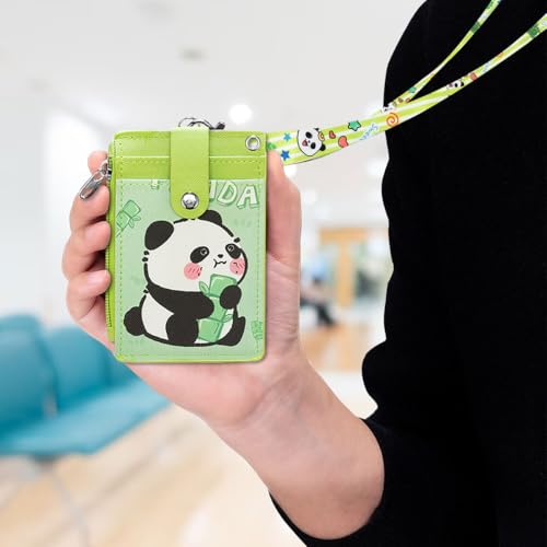 Cute ID Badge Holder with Lanyard, PU Leather Wallet & Key Ring (Green) - color: Panda-green