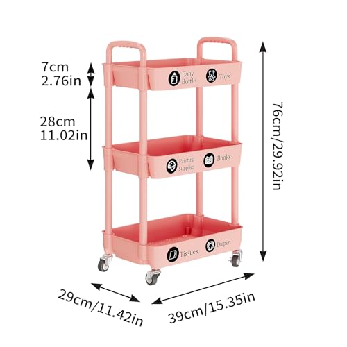 3 Tier Rolling Cart with Wheels, Utility Storage Carts,Pink - color: Pink, size: 3-Tier