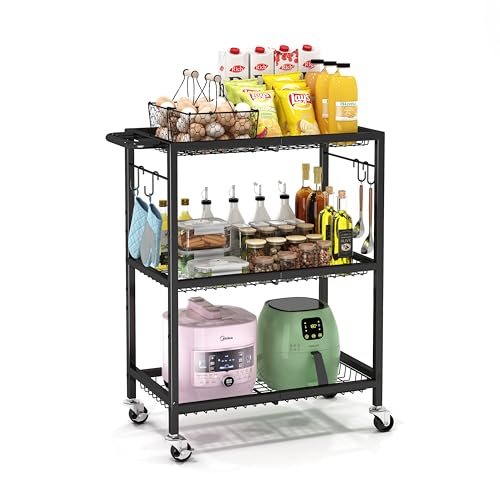 3-Tier Rolling Cart, Space-Saving Kitchen Cart with 150Lbs Capacity, Black Storage Cart with 2 Lockable Wheels for Kitchen Island, Restaurant, Garage, Backyard(No Wooden Boards, Lightweight Version) - size: Large