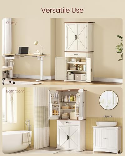 VASAGLE Pantry Cabinet, Freestanding Tall Cupboard with a Drawer - color: Rustic White