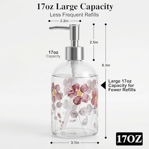 Topadorn 17oz Glass Soap Dispenser with Pump, Watercolor Floral - color: Purple Flower