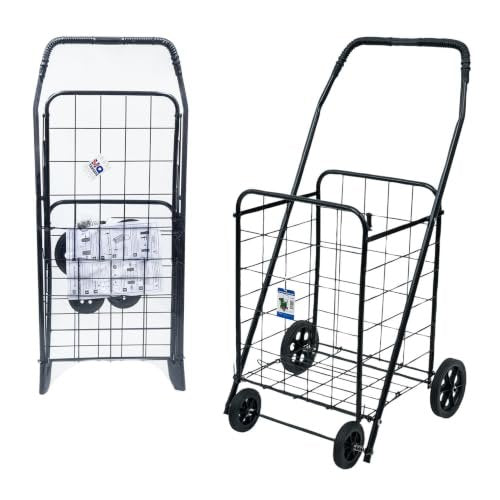 Black Folding Shopping Cart with Wheels, Medium Size, Easy Storage, Heavy Duty Grocery Utility Cart, Foldable Metal Shopping Cart for Grocery, Laundry & Daily Use