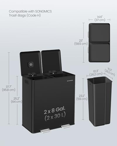 SONGMICS Trash Can, 2 x 8 Gallon, Soft-Close Lids, Stainless Steel - color: Black, size: 2 x 8 Gal. (Old)