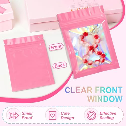 ANZNKU 100PCS Holographic Pink Mylar Bags, Resealable Smell Proof 2.7x3.9 - color: Pink, size: 2.7 x 3.9 Inch