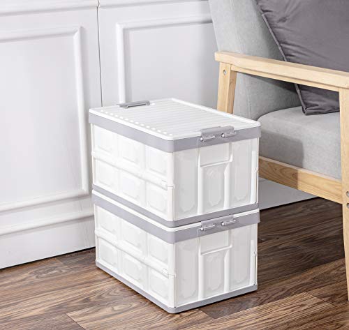 Collapsible Storage Bins with Lids 30L, Folding Plastic Stackable Utility Crates 2-Pack, Durable Containers for Home & Garage Organization - Oyster White - color: White
