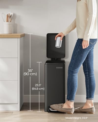 SONGMICS Kitchen Trash Can with Lid, 13-Gallon (50 L) Slim, Stainless Steel - color: Black, style: 13 Gal.
