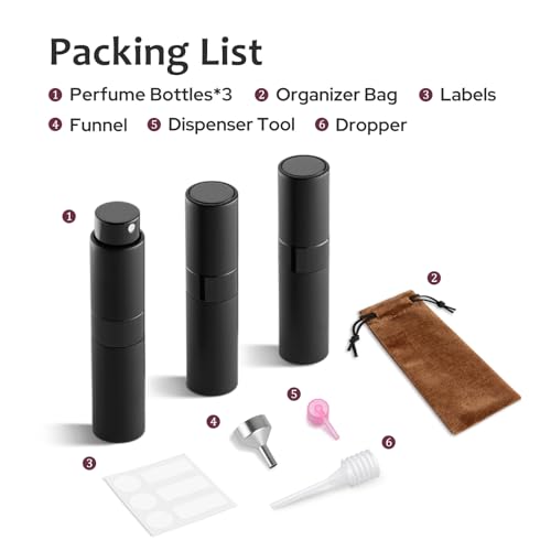 LISAPACK 8ml Travel Perfume Bottle Refillable, 3 PCS Cologne Atomizer Spray - color: 3 Black
