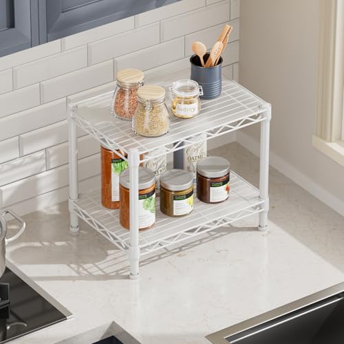 SINGAYE Small Shelves Kitchen Storage Shelf Wire Shelving Metal Adjustable - color: White, size: 2 Tier 11.6"Dx17.6"Wx12"H