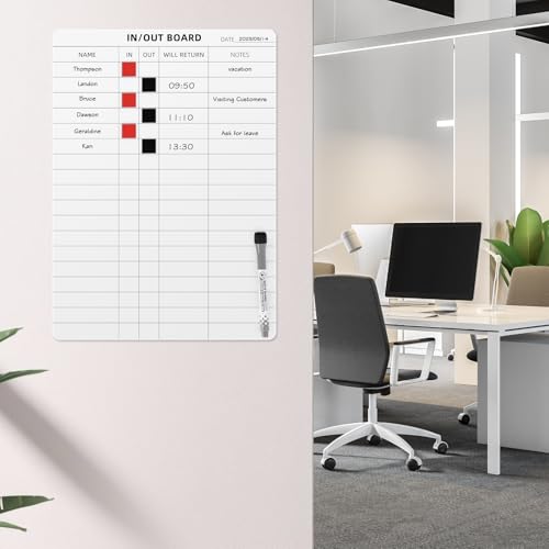 in and Out Calendar Dry Erase Board for Wall with 20 Magnetic Blocks, in/Out Planner for Office Staff Schedule Tracker 16" x 12" - size: S:16x12