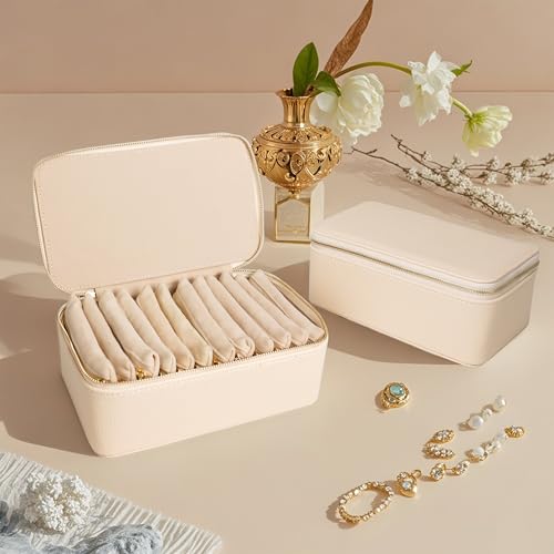 Travel Jewelry Case, Small Travel Jewelry Box with 12 Velvet Jewelry Bag Mini Pouch, Portable Travel Jewelry Organizer for Rings Earrings Necklaces (Beige 12 Pcs) - color: Beige 12 Pcs