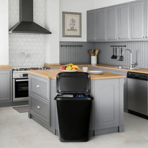 Kitchen Trash Can 20.4 Gallon, Dual Compartment Garbage & Recycling Bin with Lift Top Lid, Plastic Wastebasket for Kitchen, Office, Home - Black