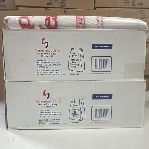 Jumbo Thank You Plastic T-Shirt Bags with Handles, 400 Count, 20 Micron Heavy Duty Grocery & Retail Bags, Large White Carryout Bags, 18" x 7" x 32", for Stores, Takeout & Shopping