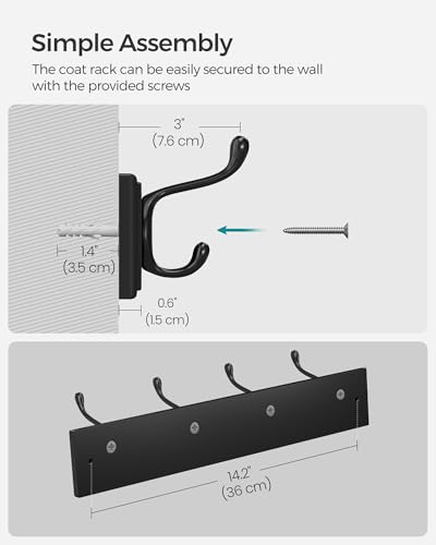 SONGMICS Wall-Mounted Coat Rack, 4 Dual Metal Hooks - color: Black, size: 1 Pack-4 Hooks, style: Without Shelf
