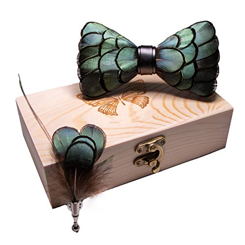 RBOCOTT Handmade Feather Pre-tied Bow tie and Brooch Sets for Men - color: Light Green