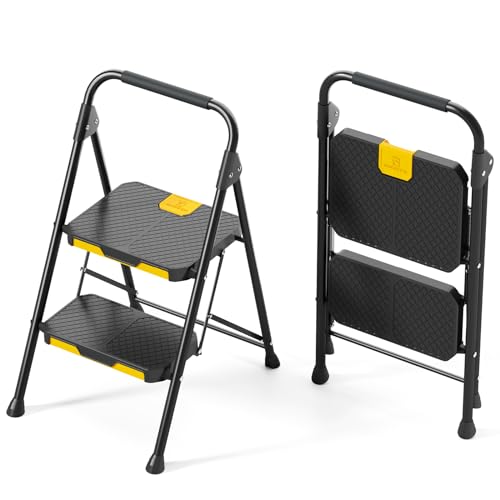KINGRACK 2 Step Ladder, Sturdy Steel Step Stool with Safe-Lock Design, Handrail, Anti-Slip Wide Pedals, Pass 800lbs Load Testing, Folding Portable Ladder for Multi-Purpose, Home, Kitchen, Black - size: 2-Step
