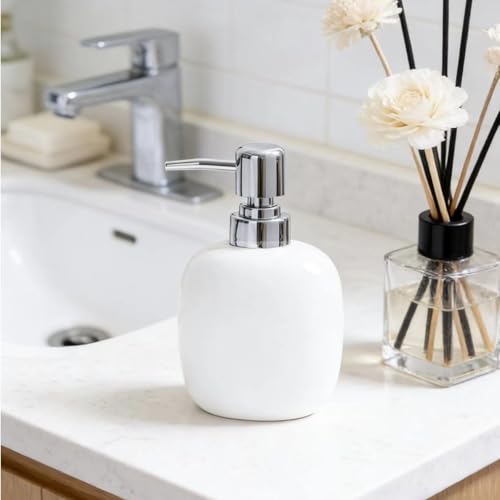 12OZ White Soap Dispenser for Bathroom Ceramic Hand Dish Liquid Dispenser - color: Oval