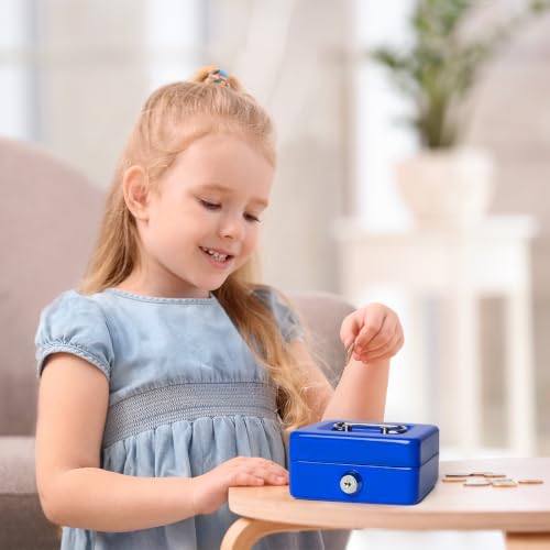 Jssmst Small Cash Box with Lock and Slot, Metal Coin Piggy Bank for Adults and Kids, Blue Locking Money Box - color: Blue, size: XS(4.92")-slot
