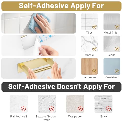 Brushed Gold Self Adhesive Toilet Paper Holder, Stainless Steel Bathroom Toilet Paper Holder Stick On Wall Mount, Commercial Toilet Paper Dispenser Peel and Stick Toilet Paper Holder Adhesive - color: Brushed Gold, size: Self Adhesive