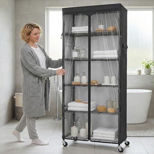 Wire Shelf Rack with 600D Oxford Cover & Wheels, 30"W x 14"D x 72"H - size: 6-Shelf 30"W x 14"D x 72"H W/Cover