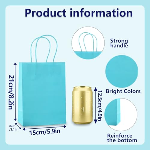 piqiya Small Plain Natural Paper Kraft Gift Bags with Handles Light Blue Paper Bags for Eid Birthday Party Grocery Retail Business Goody Craft Bag (Blue,24pcs) - color: light blue